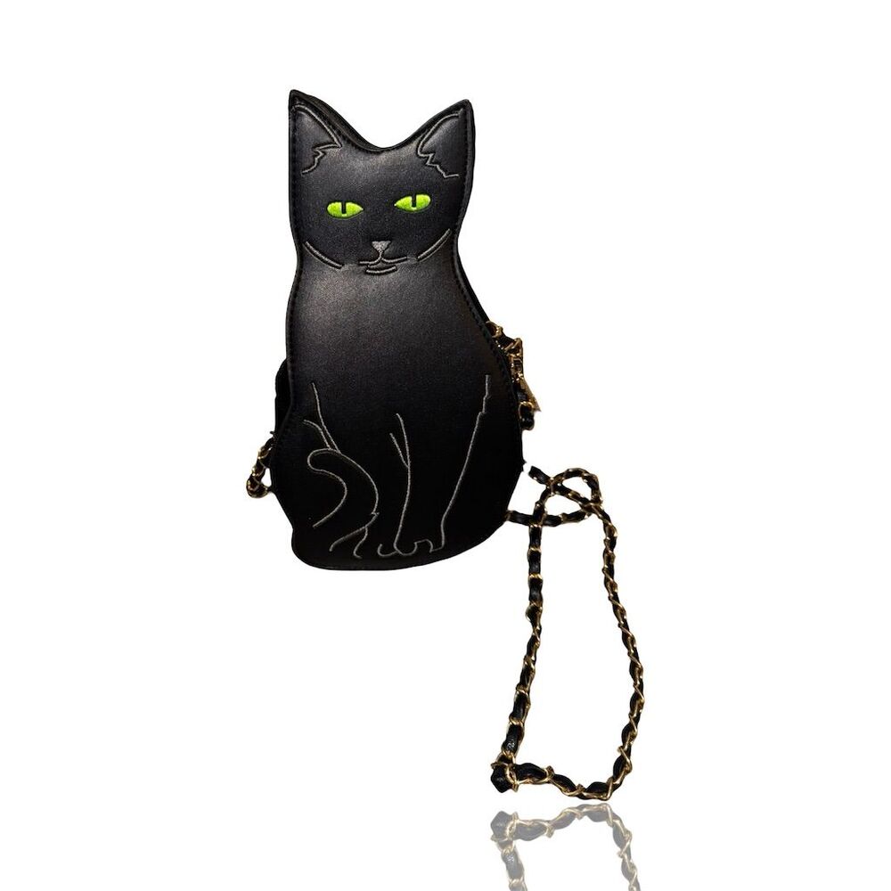 LUI SUI Black Cat Crossbody Purse with Gold Chain Strap
